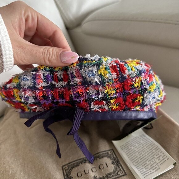 NWT GUCCI LAME BERET CAP Check Lame Sz S Multicolour Violet Tweed - Picture 9 of 12